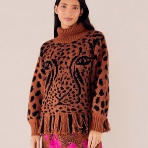 FARM Rio Caramel Midnight Leopards Turtleneck Sweater Size Small NWT